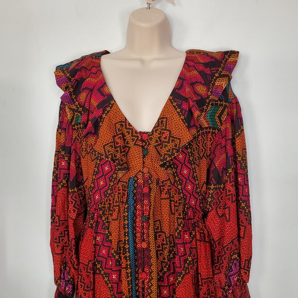 Farm Rio Yawanawa Stripes Long Sleeve Maxi Ankle Dress Red Brown Size Small New - Picture 5 of 13